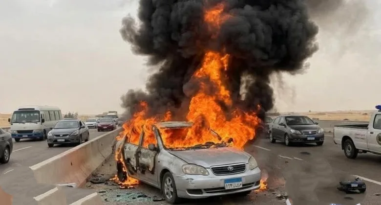 امام مدخل العدل النوباريه علي الطريق الصحراوي النيران تشتعل باحد السيارات 4 IMG ٢٠٢٦٠٥٢٠ ٠٨٠٢١٢